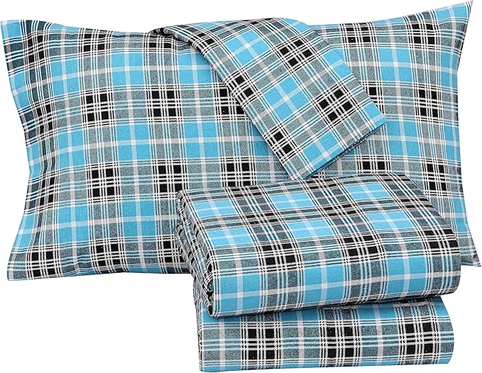 RUVANTI Flannel Sheets Full Size - 100% Cotton Double Brushed Bed Sheets Set, Deep Pockets 16 Inches, All Seasons Breathable & Extra Soft Full Sheets, Warm & Cozy, 4 Piece, Teal Plaid