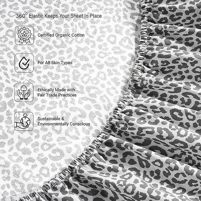 LANE LINEN 100% Organic Cotton Sheets Queen, 4-Piece Bed Sheets Queen Size Cotton, Luxury Sheets, Percale Weave,Breathable Bed Sheets Queen Size Deep Pockets Fits Upto 15" - Chetah Charcoal