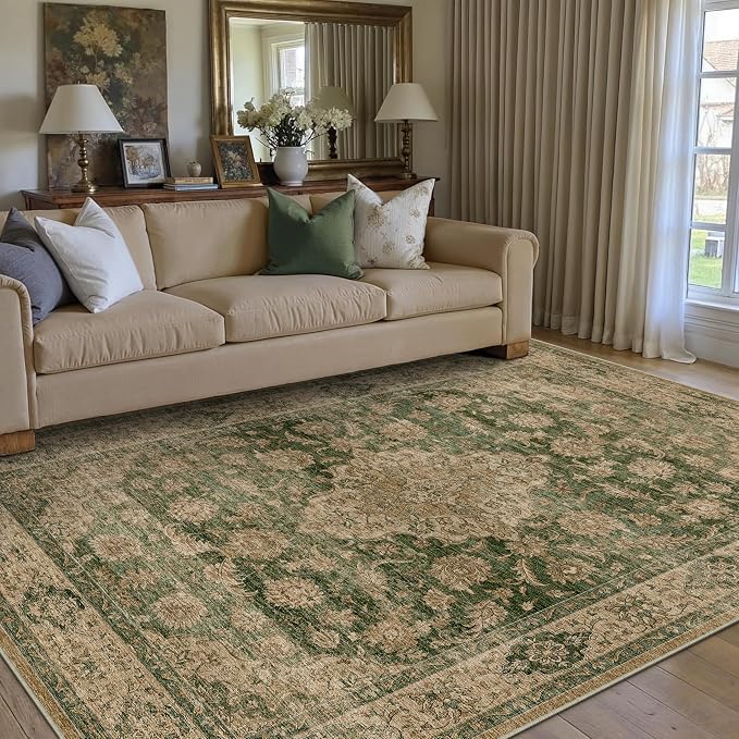 5x7 Green Retro Floral Washable Area Rug - Image 3