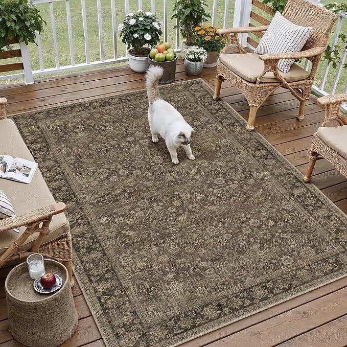 5x7 Brown Linen Look Washable Area Rug by HUGEAR