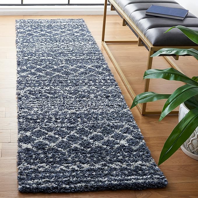 SAFAVIEH Arizona Shag Collection Runner Rug - 2'3" x 6' Runner, Slate Blue & Ivory, Moroccan Design, Non-Shedding, 1.6-inch Thick, Ideal for High Traffic Areas in Living Room, Bedroom (ASG741L-26)