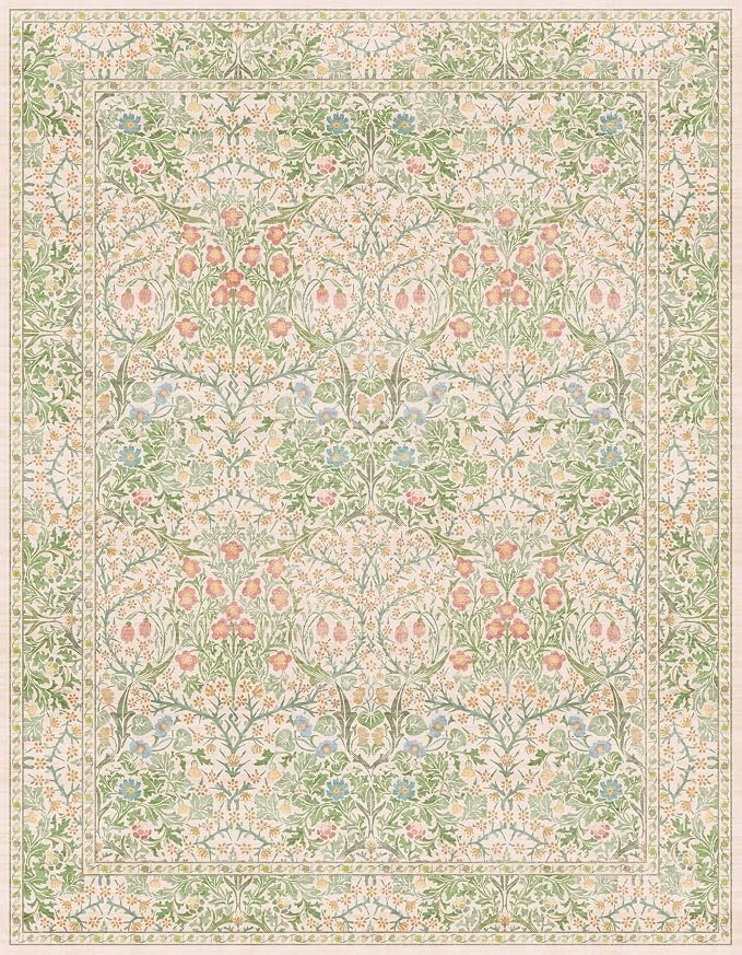 Light Beige Green Floral Living Room Rug, 7x9 Washable Area Rug - Image 3