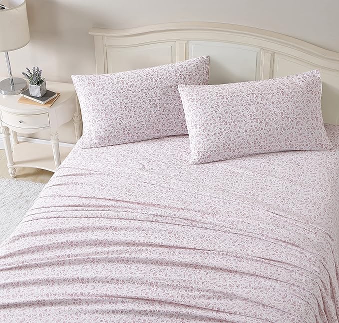 Laura Ashley - Flannel Sheets Queen Size, Anti-Pilling & Wrinkle Resistant Cotton, Touchably Soft for All-Season Comfort - Bed Sheets with Matching Pillowcases & Fitted Sheet (Paisley Prance Pink)
