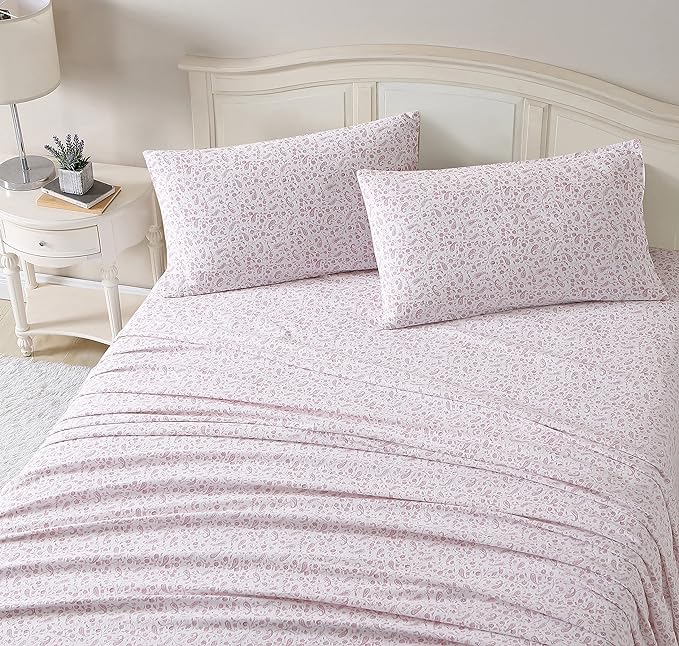 Laura Ashley - Flannel Sheets Full Size, Anti-Pilling & Wrinkle Resistant Cotton, Touchably Soft for All-Season Comfort - Bed Sheets with Matching Pillowcases & Fitted Sheet (Paisley Prance Pink)