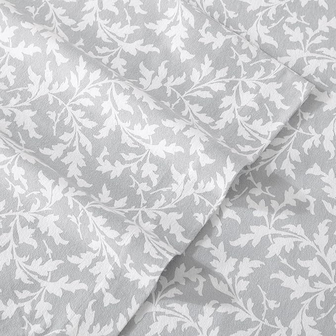 Laura Ashley - Flannel Sheets King Size, Anti-Pilling & Wrinkle Resistant Cotton, Touchably Soft for All-Season Comfort - Bed Sheets with Matching Pillowcases & Fitted Sheet (Crestwood Pastel Grey)