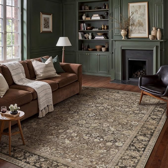9x12 Brown Vintage Floral Washable Area Rug by HUGEAR
