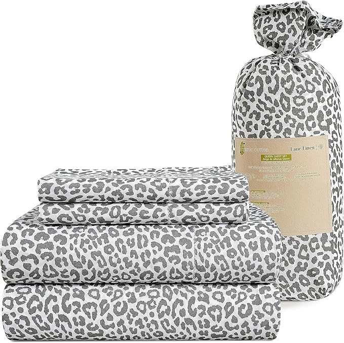 LANE LINEN 100% Organic Cotton Sheets Queen, 4-Piece Bed Sheets Queen Size Cotton, Luxury Sheets, Percale Weave,Breathable Bed Sheets Queen Size Deep Pockets Fits Upto 15" - Chetah Charcoal