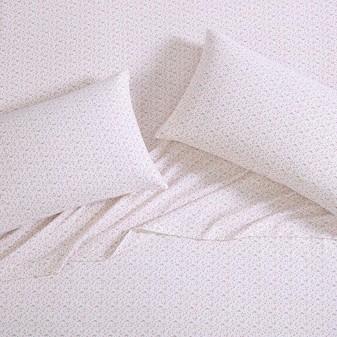 Laura Ashley - Flannel Sheets Full Size, Anti-Pilling & Wrinkle Resistant Cotton, Touchably Soft for All-Season Comfort - Bed Sheets with Matching Pillowcase & Fitted Sheet (Evie Pink)