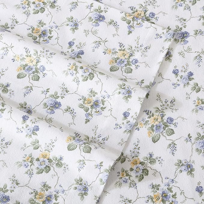 Laura Ashley - Flannel Sheets Full Size, Anti-Pilling & Wrinkle Resistant Cotton, Touchably Soft for All-Season Comfort - Bed Sheets with Matching Pillowcases & Fitted Sheet (Le Fleur Cottage Blue)