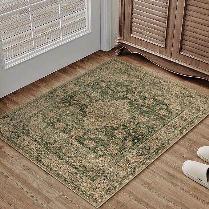 2x3 Green Retro Floral Washable Area Rug by HUGEAR