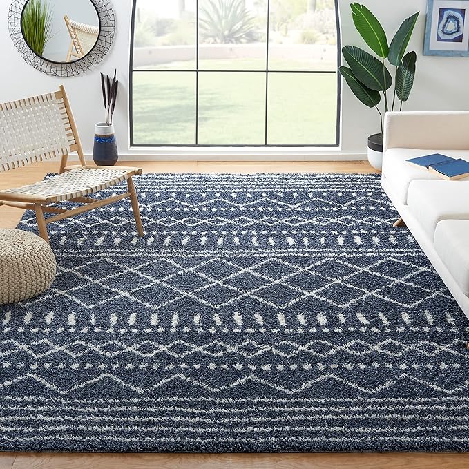 SAFAVIEH Arizona Shag Collection Area Rug - 6'7" Square, Slate Blue & Ivory, Moroccan Design, Non-Shedding & Easy Care, 1.6-inch Thick Ideal for High Traffic Areas in Living Room, Bedroom (ASG741L)