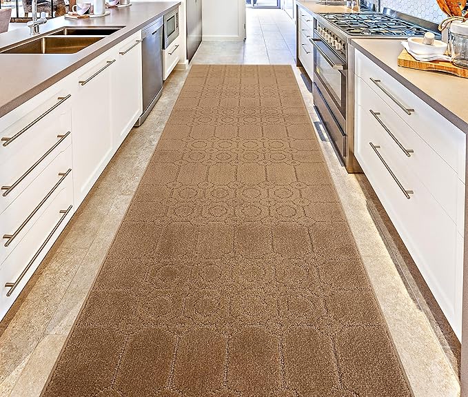 Custom Size Modern Abstract Floor Carpet Runner Rug for Hallways, Slip Resistant Latex Rubber Backed, 31 inch Wide X Customized Length, Art Gold Tan, 31 inch X 16 feet