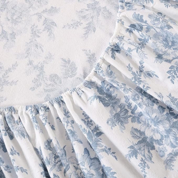 Laura Ashley - Flannel Sheets Twin Size, Anti-Pilling & Wrinkle Resistant Cotton, Touchably Soft for All-Season Comfort - Bed Sheets with Matching Pillowcase & Fitted Sheet (Vanessa Blue)