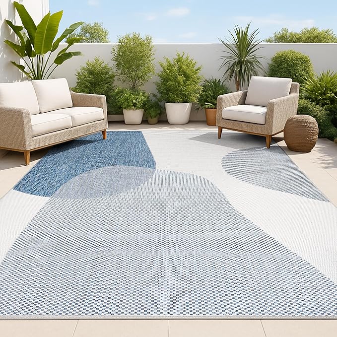 JONATHAN Y Geometric Organic Shapes Indoor Outdoor Area Rug 5X8 Cream/Navy, Zia Modern for Backyard, Patio, Porch, Easy-Cleaning, High Traffic, Pet-Friendly, Non-Shedding (TSN306B-5)