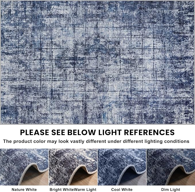 10x14 Washable Area Rug for Living Room Bedroom: Non-Slip Modern Navy Blue | - Image 9