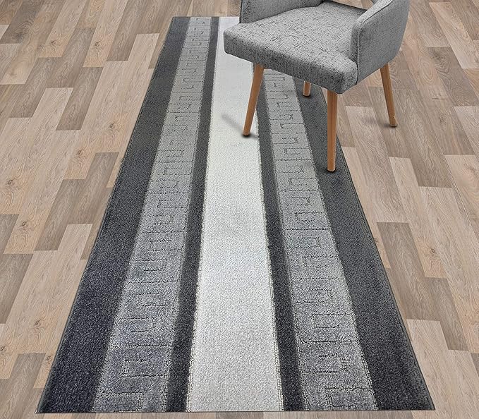 Custom Length Cut to Size Ancient Latin Hellenic Motif Carpet Runner Rug for Hallways, Non Slip Rubber Backed, 31 inch Wide X Customized Length, Greek Key Grey, 31 inch X 9 feet