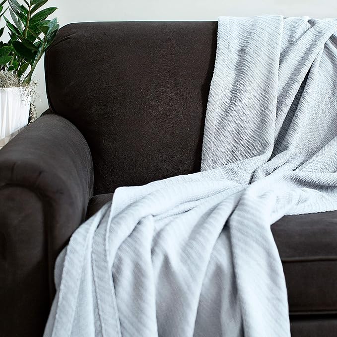 COTTON CRAFT Soft Cotton Thermal Blanket - Plush Herringbone Twill- All Season Luxurious Breathable Skin Friendly Lightweight Cooling Throw Blanket -Sofa Couch Travel Camping Dorm- Full Queen Sky Blue