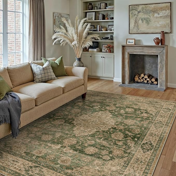 6x9 Green Retro Floral Washable Area Rug - Image 3