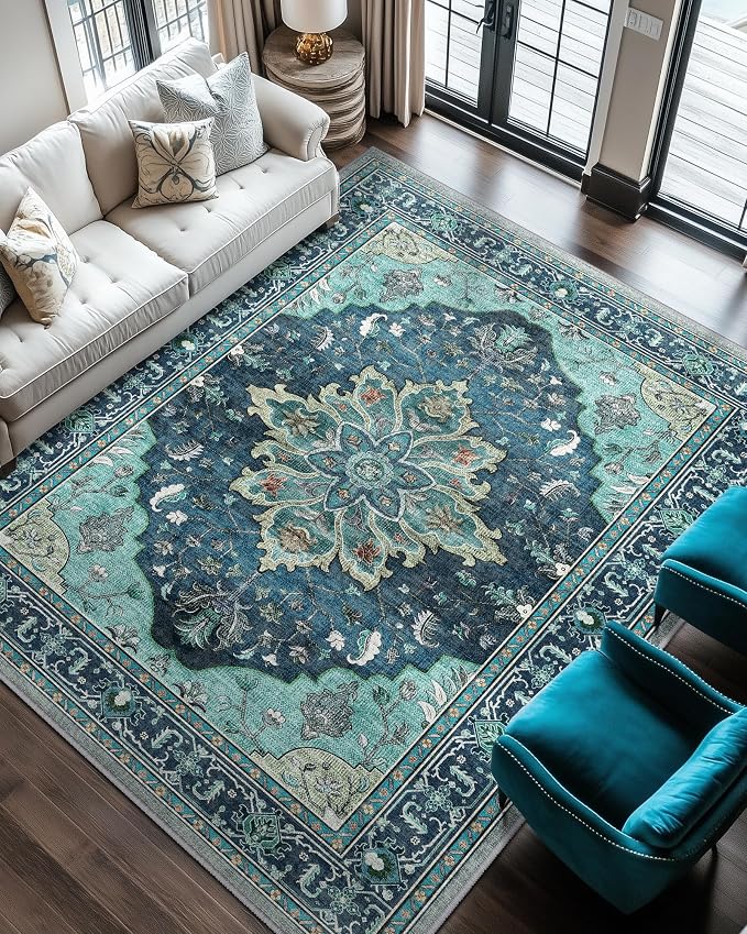 RELEANY Washable Area Rug, Teal | Non-Slip, Water Repellent, Pet Friendly by RELEANY