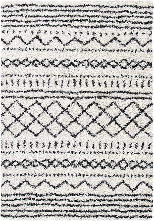 SAFAVIEH Arizona Shag Collection Accent Rug - 3'2" x 5', Ivory & Black, Moroccan Design, Non-Shedding & Easy Care, 1.6-inch Thick Ideal for High Traffic Areas in Foyer, Living Room, Bedroom (ASG741Z)