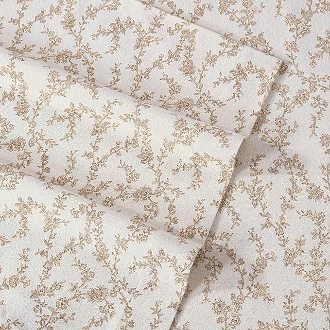 Laura Ashley - Flannel Sheets Queen Size, Anti-Pilling & Wrinkle Resistant Cotton, Touchably Soft for All-Season Comfort - Bed Sheets with Matching Pillowcases & Fitted Sheet (Victoria Beige)