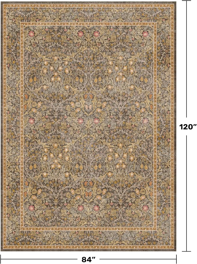 Vintage Gold Brown Living Room Rug, 7x10 Washable Area Rugs - Image 2