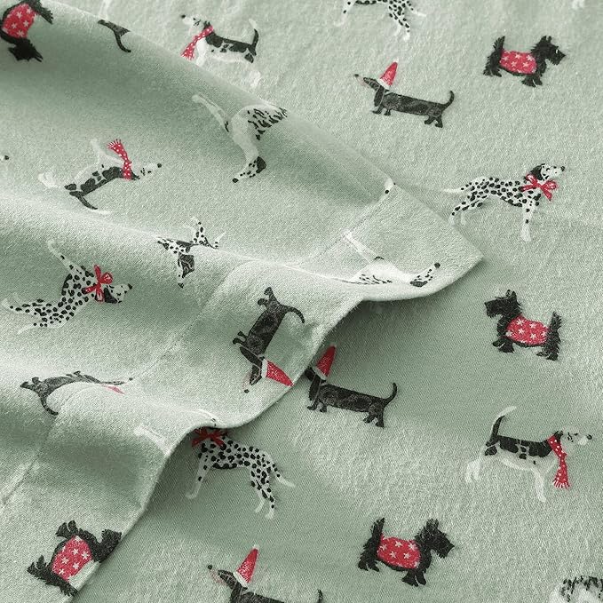 Laura Ashley - Flannel Sheets Queen Size, Anti-Pilling & Wrinkle Resistant Cotton, Touchably Soft for All-Season Comfort - Bed Sheets with Matching Pillowcases & Fitted Sheet (Holiday Pups Green)