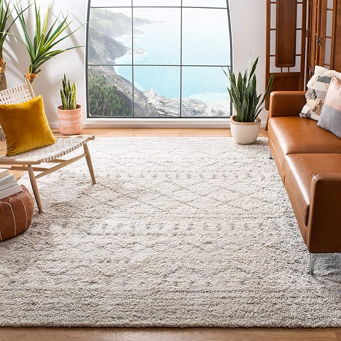 SAFAVIEH Arizona Shag Collection Area Rug - 10' Square, Ivory & Beige, Moroccan Design, Non-Shedding & Easy Care, 1.6-inch Thick Ideal for High Traffic Areas in Living Room, Bedroom (ASG741A)