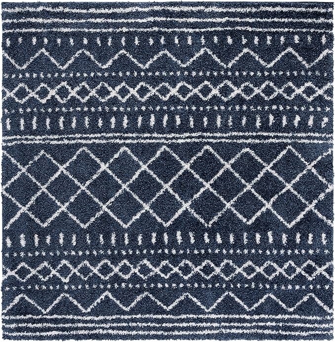 SAFAVIEH Arizona Shag Collection Area Rug - 6'7" Square, Slate Blue & Ivory, Moroccan Design, Non-Shedding & Easy Care, 1.6-inch Thick Ideal for High Traffic Areas in Living Room, Bedroom (ASG741L)