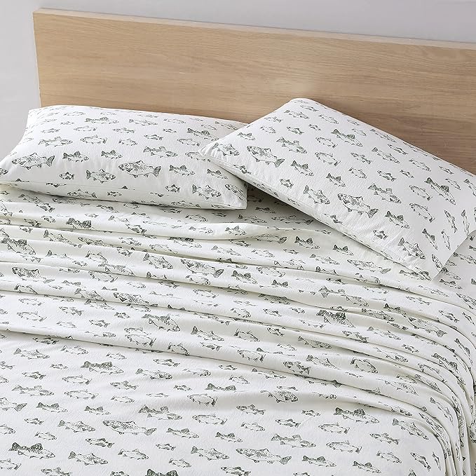 Eddie Bauer - King Sheets, Cotton Flannel Bedding Set, Brushed For Extra Softness, Cozy Home Decor (School of Fish, King)