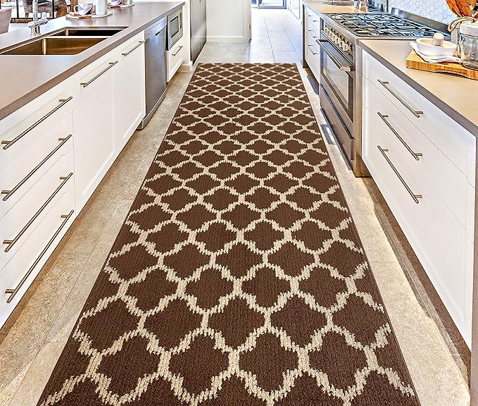Custom Size Cut to Length Moroccan Trellis Design Runner Rug Mat For Wide Long Hallways with Non-Slip Rubber Backing, Better Traction for Pets, Prevent Slippage, Trellis Brown, 31 inch X 18 feet