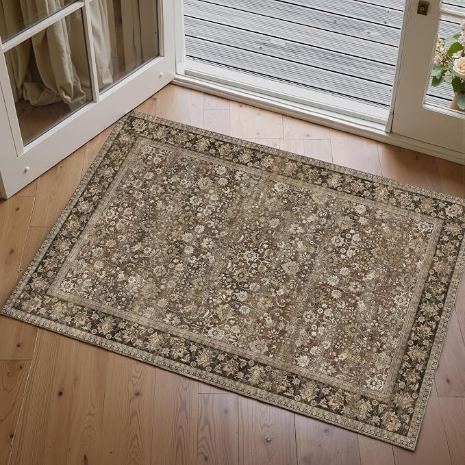 2x3 Brown Vintage Floral Washable Area Rug - Image 2