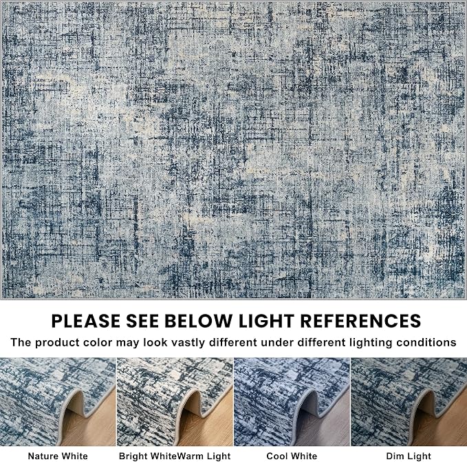 10x14 Washable Area Rug for Living Room Bedroom: Non-Slip Modern Blue Gold | - Image 9