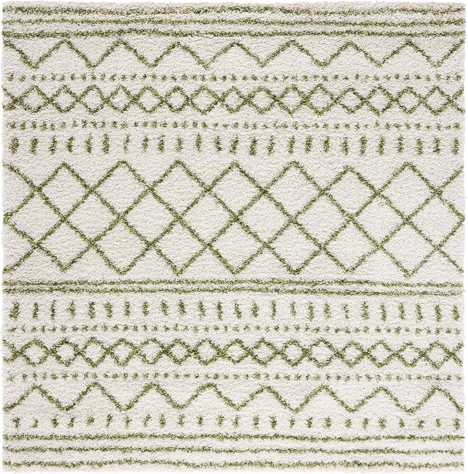 SAFAVIEH Arizona Shag Collection Accent Rug - 3'2" Square, Ivory & Green, Moroccan Design, Non-Shedding & Easy Care, 1.6-inch Thick, Ideal for The Living Room, Dining, Bedroom (ASG741Y)
