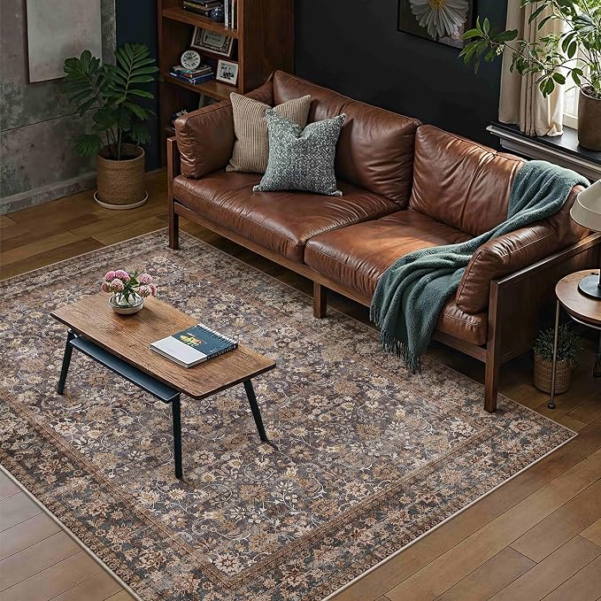 5x7 Brown Blue Vintage Floral Washable Area Rug - Image 3