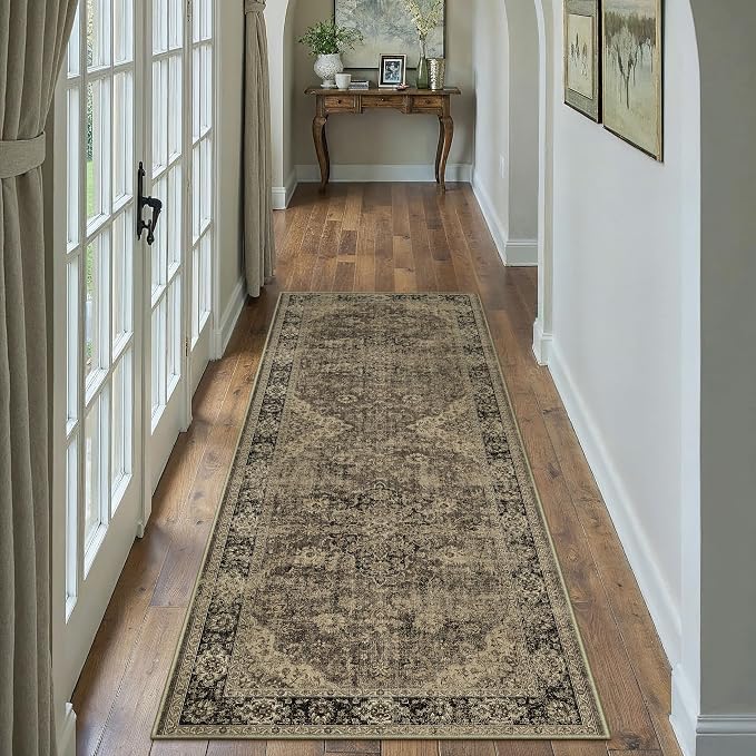 2x6 Brown Retro Floral Washable Runner Rug by HUGEAR