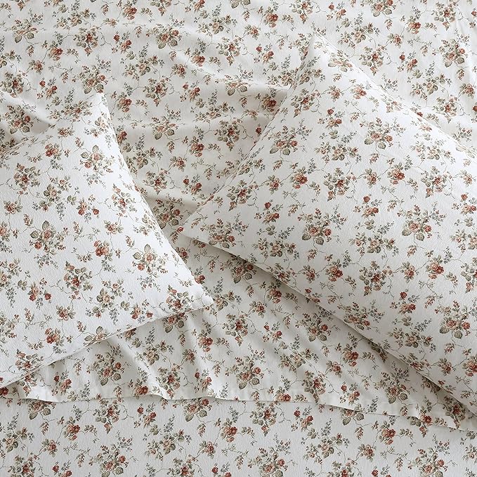 Laura Ashley - Flannel Sheets Twin Size, Anti-Pilling & Wrinkle Resistant Cotton, Touchably Soft for All-Season Comfort - Bed Sheets with Matching Pillowcase & Fitted Sheet (Le Fleur Orange)